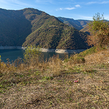 Autumn landscape of the Vacha (Antonivanovtsy) Reservoir, Rhodopes Mountain, Bulgaria