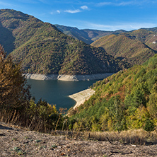 Autumn landscape of the Vacha (Antonivanovtsy) Reservoir, Rhodopes Mountain, Bulgaria