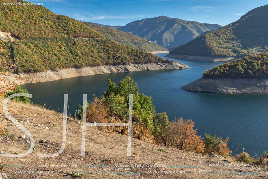 Autumn landscape of the Vacha (Antonivanovtsy) Reservoir, Rhodopes Mountain, Bulgaria