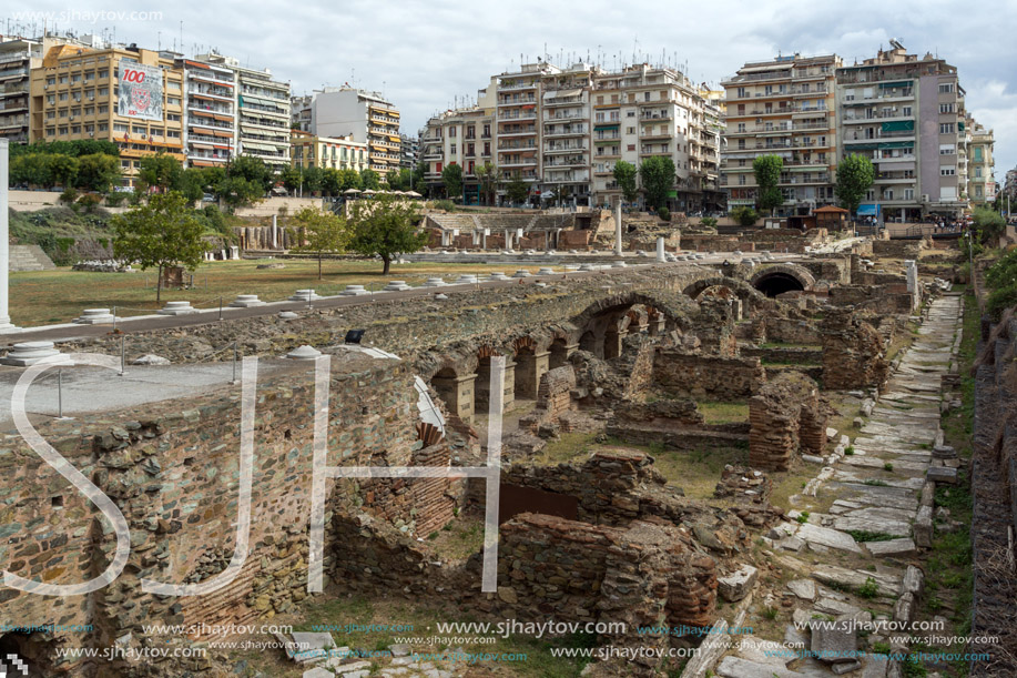 THESSALONIKI, GREECE - SEPTEMBER 30, 2017: Ruins of Roman Forum in the center of city of Thessaloniki, Central Macedonia, Greece