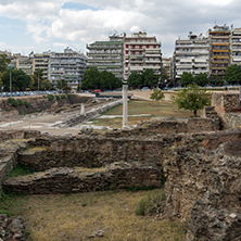 THESSALONIKI, GREECE - SEPTEMBER 30, 2017: Ruins of Roman Forum in the center of city of Thessaloniki, Central Macedonia, Greece