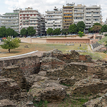 THESSALONIKI, GREECE - SEPTEMBER 30, 2017: Ruins of Roman Forum in the center of city of Thessaloniki, Central Macedonia, Greece