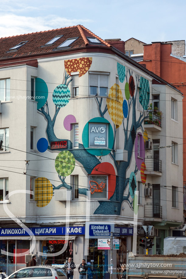 SOFIA, BULGARIA - NOVEMBER 7, 2017: Sunset view of Graf Ignatiev street in Sofia, Bulgaria