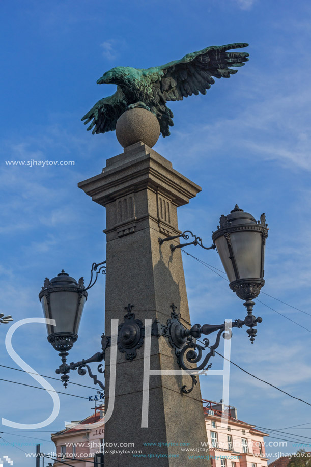 SOFIA, BULGARIA - NOVEMBER 7, 2017: Sunset view of  Eagle Bridge over Perlovska river, Sofia, Bulgaria