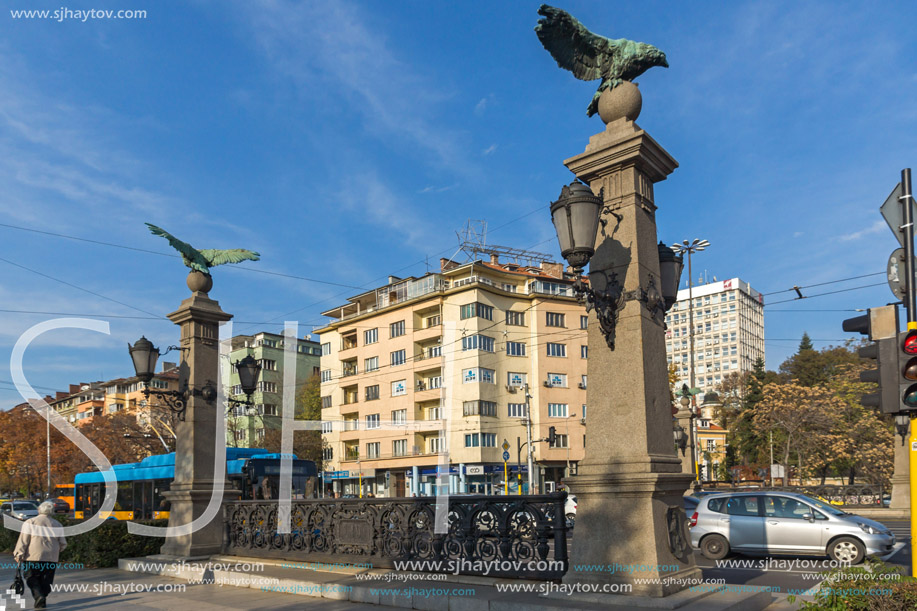 SOFIA, BULGARIA - NOVEMBER 7, 2017: Sunset view of  Eagle Bridge over Perlovska river, Sofia, Bulgaria
