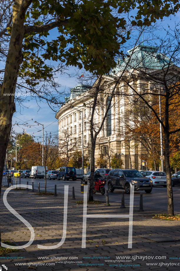 SOFIA, BULGARIA - NOVEMBER 7, 2017: Sunset view of University of Sofia St. Kliment Ohridski, Bulgaria