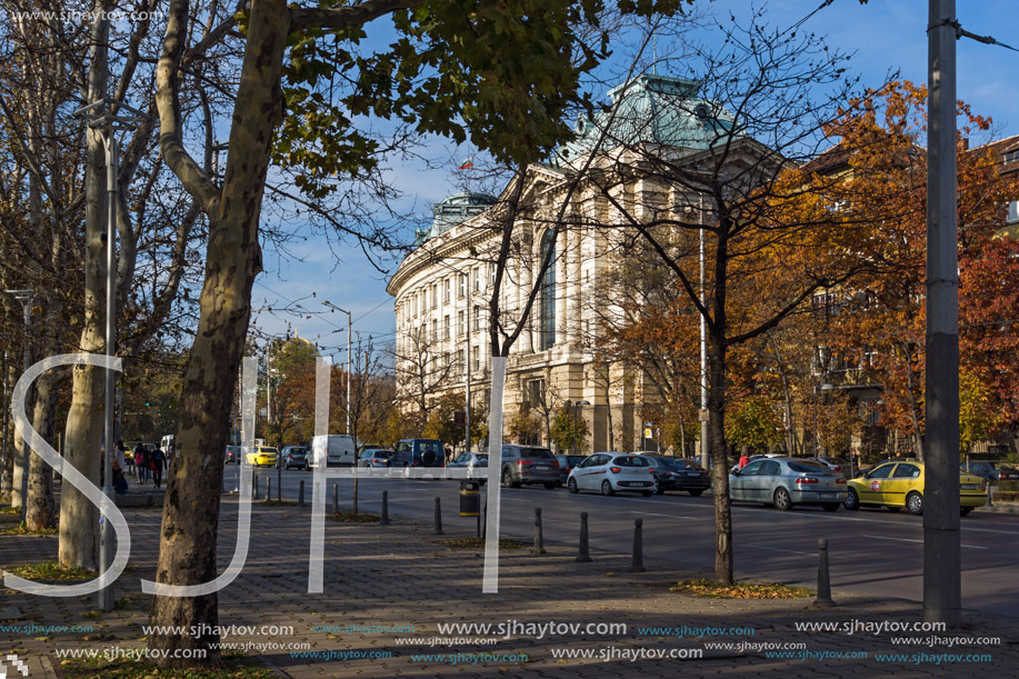 SOFIA, BULGARIA - NOVEMBER 7, 2017: Sunset view of University of Sofia St. Kliment Ohridski, Bulgaria