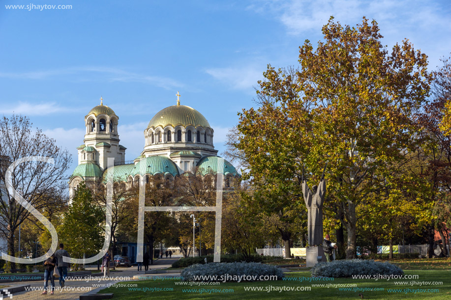 SOFIA, BULGARIA - NOVEMBER 7, 2017: Sunset view of Cathedral Saint Alexander Nevski in Sofia, Bulgaria