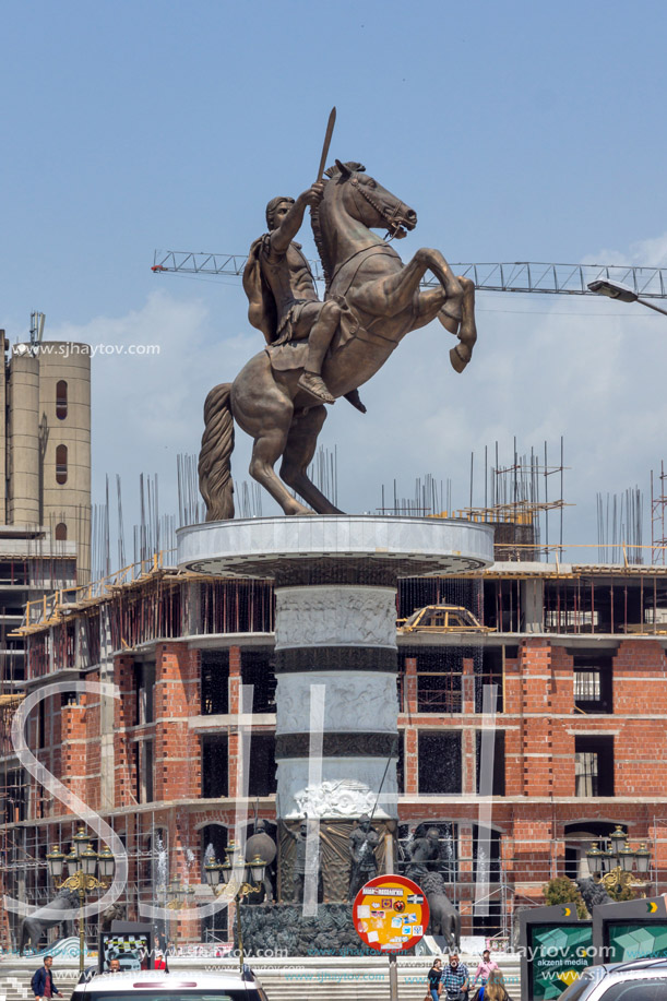 SKOPJE, REPUBLIC OF MACEDONIA - 13 MAY 2017: Skopje City Center and Alexander the Great Monument, Macedonia
