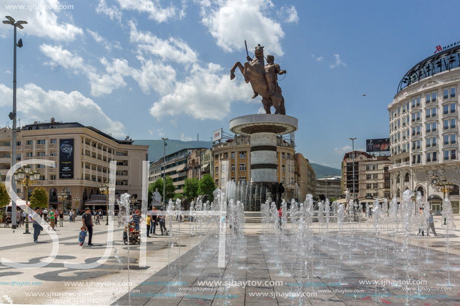 SKOPJE, REPUBLIC OF MACEDONIA - 13 MAY 2017: Skopje City Center and Alexander the Great Monument, Macedonia