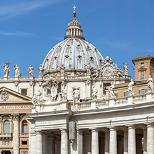 ROME, ITALY - JUNE 23, 2017: Tourists visit Saint Peter"s Square and St. Peter"s Basilica in Rome, Vatican, Italy