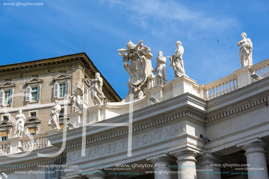 ROME, ITALY - JUNE 23, 2017: Architectural detail of St. Peter"s Basilica at  Saint Peter"s Square, Vatican, Rome, Italy