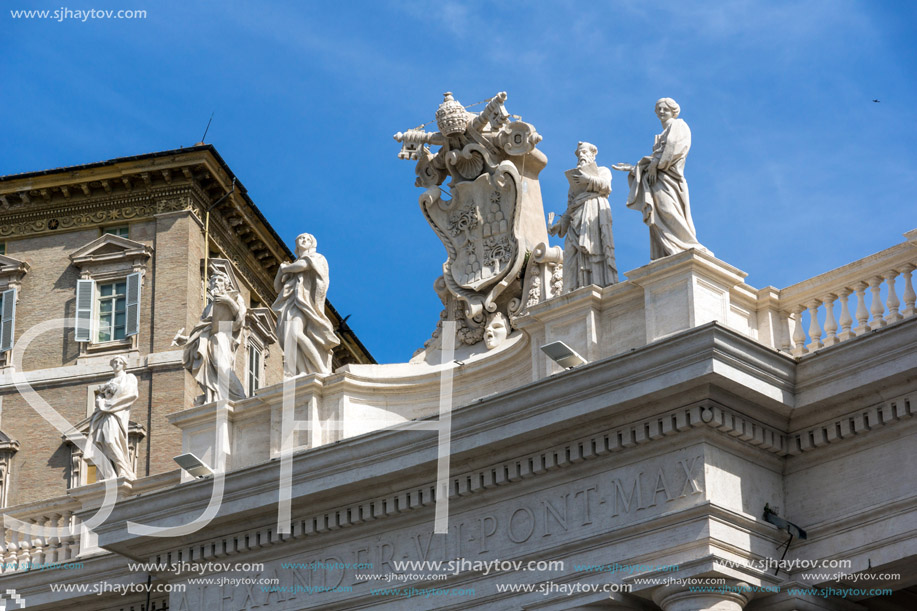 ROME, ITALY - JUNE 23, 2017: Architectural detail of St. Peter"s Basilica at  Saint Peter"s Square, Vatican, Rome, Italy