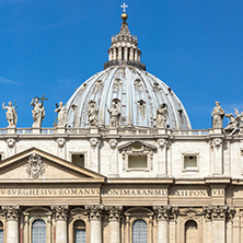 ROME, ITALY - JUNE 23, 2017: Tourists visit Saint Peter"s Square and St. Peter"s Basilica in Rome, Vatican, Italy