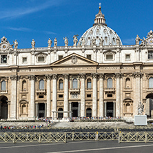 ROME, ITALY - JUNE 23, 2017: Tourists visit Saint Peter"s Square and St. Peter"s Basilica in Rome, Vatican, Italy