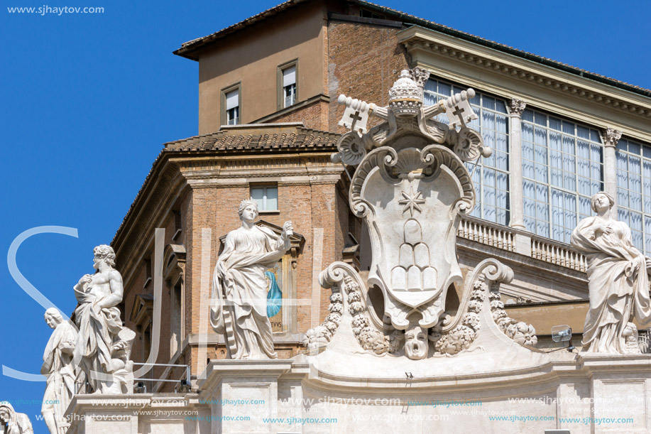 ROME, ITALY - JUNE 23, 2017: Architectural detail of St. Peter"s Basilica at  Saint Peter"s Square, Vatican, Rome, Italy