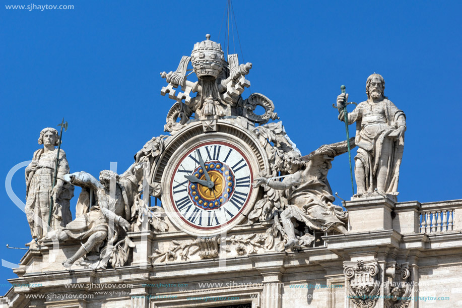 ROME, ITALY - JUNE 23, 2017: Architectural detail of St. Peter"s Basilica at  Saint Peter"s Square, Vatican, Rome, Italy