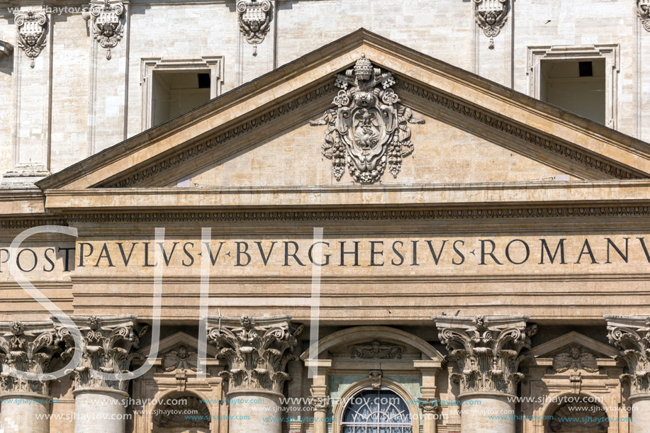 ROME, ITALY - JUNE 23, 2017: Architectural detail of St. Peter"s Basilica at  Saint Peter"s Square, Vatican, Rome, Italy