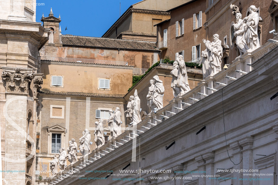 ROME, ITALY - JUNE 23, 2017: Architectural detail of St. Peter"s Basilica at  Saint Peter"s Square, Vatican, Rome, Italy