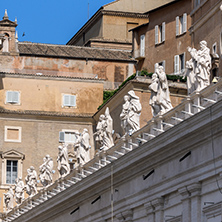 ROME, ITALY - JUNE 23, 2017: Architectural detail of St. Peter"s Basilica at  Saint Peter"s Square, Vatican, Rome, Italy