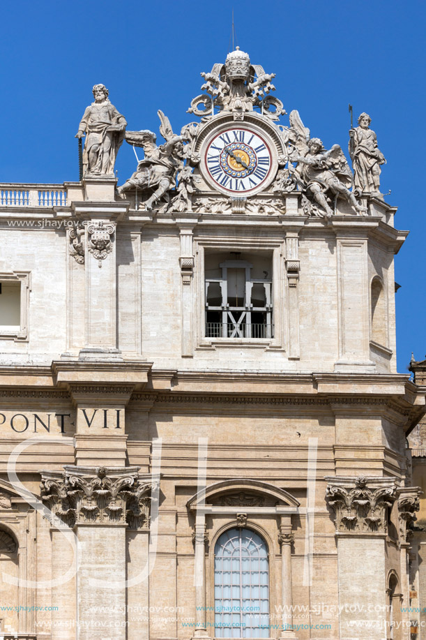 ROME, ITALY - JUNE 23, 2017: Architectural detail of St. Peter"s Basilica at  Saint Peter"s Square, Vatican, Rome, Italy