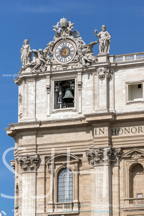 ROME, ITALY - JUNE 23, 2017: Architectural detail of St. Peter"s Basilica at  Saint Peter"s Square, Vatican, Rome, Italy