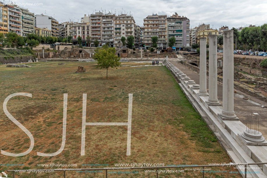 THESSALONIKI, GREECE - SEPTEMBER 30, 2017: Ruins of Roman Forum in the center of city of Thessaloniki, Central Macedonia, Greece
