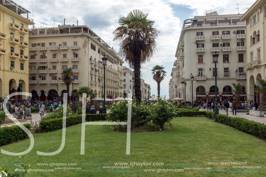 THESSALONIKI, GREECE - SEPTEMBER 30, 2017: People  walking at Aristotelous Square  in the center of city of Thessaloniki, Central Macedonia, Greece