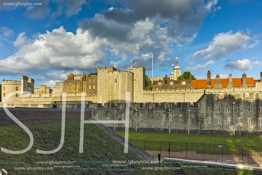 LONDON, ENGLAND - JUNE 15 2016: Sunset view of Historic Tower of London, England, Great Britain