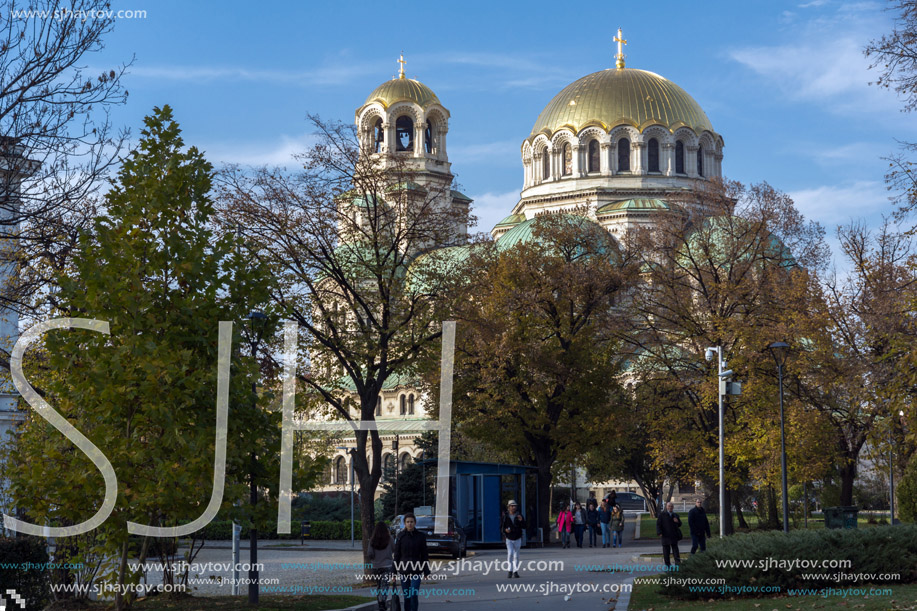SOFIA, BULGARIA - NOVEMBER 7, 2017: Golden Domes  of Cathedral Saint Alexander Nevski in Sofia, Bulgaria