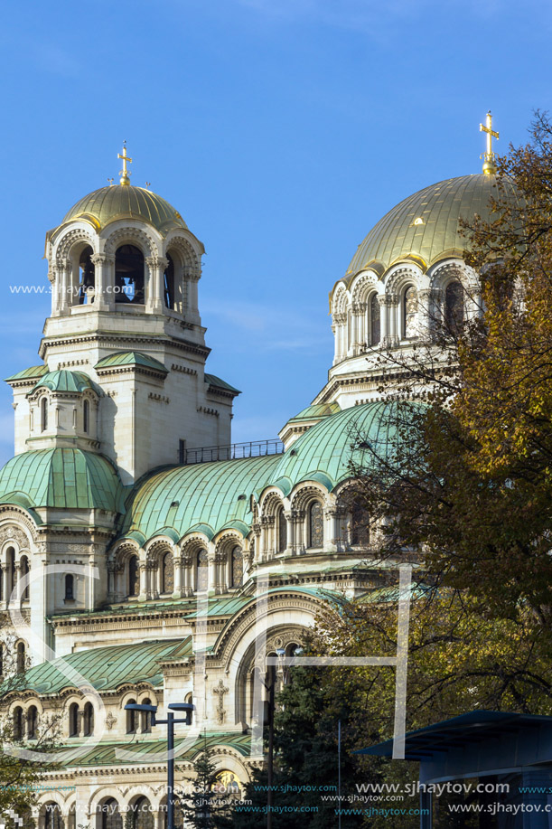 SOFIA, BULGARIA - NOVEMBER 7, 2017: Golden Domes  of Cathedral Saint Alexander Nevski in Sofia, Bulgaria