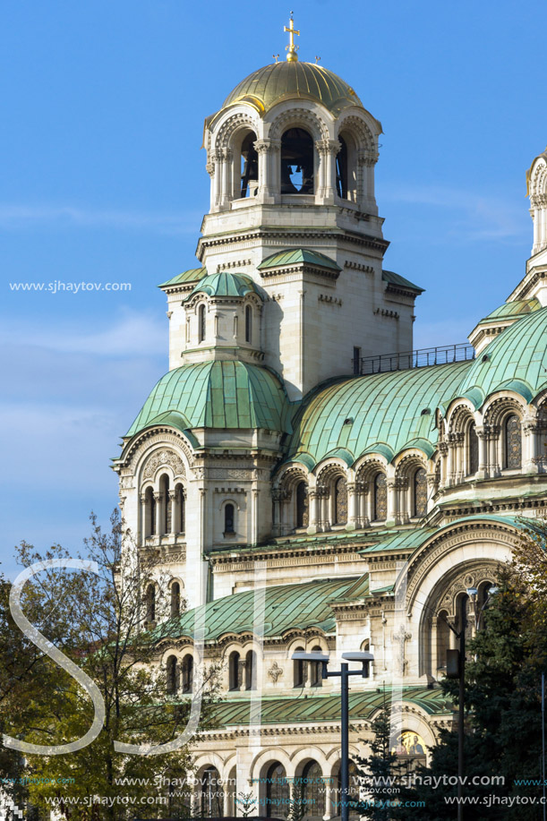 SOFIA, BULGARIA - NOVEMBER 7, 2017: Golden Domes  of Cathedral Saint Alexander Nevski in Sofia, Bulgaria