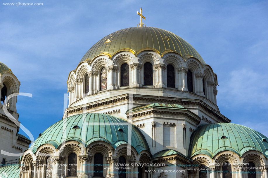 SOFIA, BULGARIA - NOVEMBER 7, 2017: Golden Domes  of Cathedral Saint Alexander Nevski in Sofia, Bulgaria