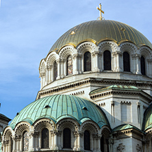 SOFIA, BULGARIA - NOVEMBER 7, 2017: Golden Domes  of Cathedral Saint Alexander Nevski in Sofia, Bulgaria