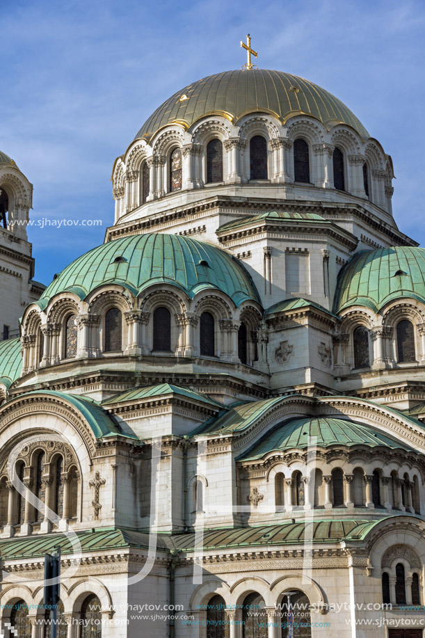 SOFIA, BULGARIA - NOVEMBER 7, 2017: Golden Domes  of Cathedral Saint Alexander Nevski in Sofia, Bulgaria