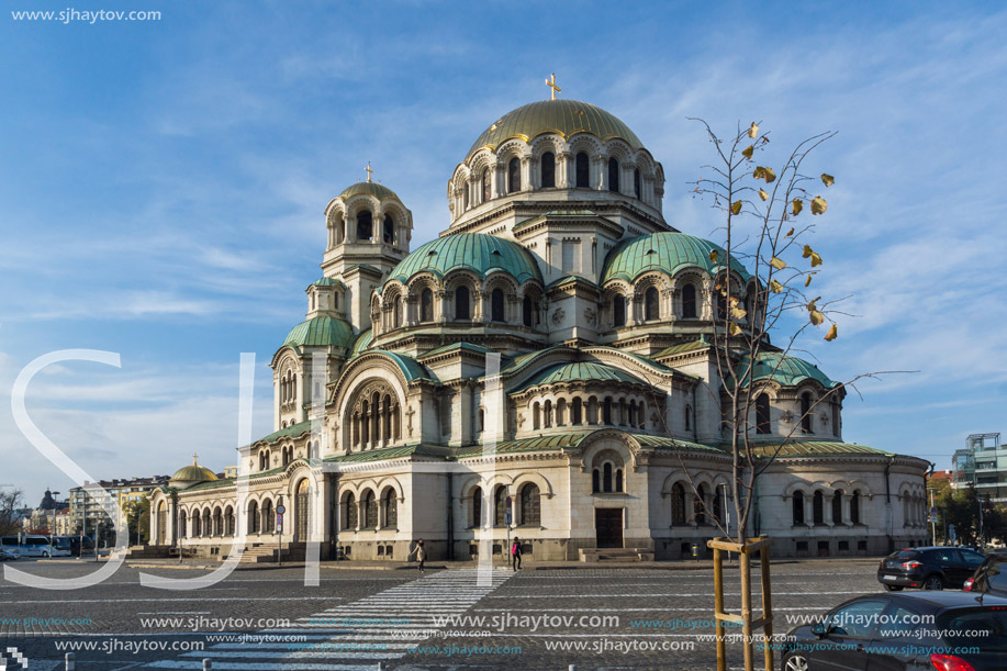 SOFIA, BULGARIA - NOVEMBER 7, 2017: Golden Domes  of Cathedral Saint Alexander Nevski in Sofia, Bulgaria