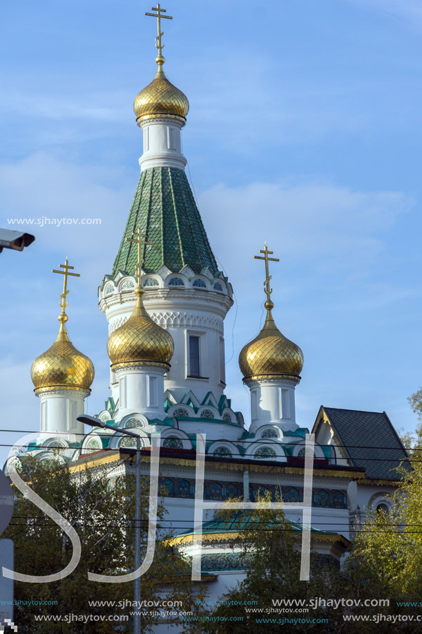 SOFIA, BULGARIA - NOVEMBER 7, 2017: Sunset view of Golden Domes Russian church in Sofia, Bulgaria