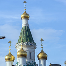 SOFIA, BULGARIA - NOVEMBER 7, 2017: Sunset view of Golden Domes Russian church in Sofia, Bulgaria