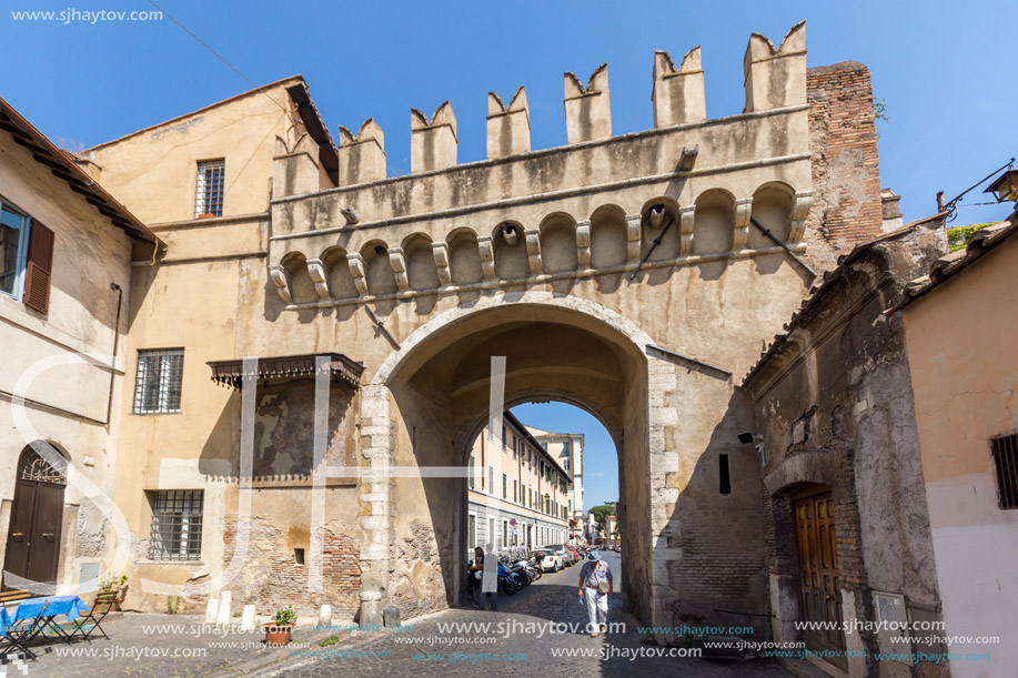 ROME, ITALY - JUNE 23, 2017: Ruins of Porta Settimiana in city of Rome, Italy