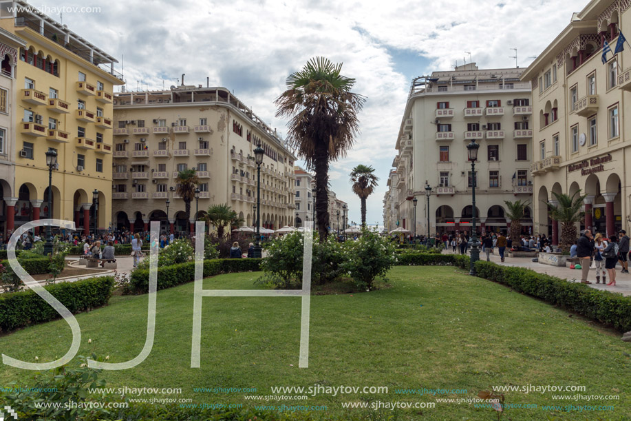 THESSALONIKI, GREECE - SEPTEMBER 30, 2017: People  walking at Aristotelous Square  in the center of city of Thessaloniki, Central Macedonia, Greece