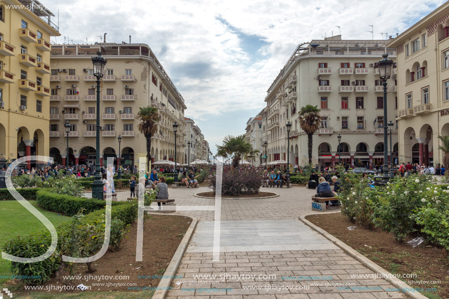 THESSALONIKI, GREECE - SEPTEMBER 30, 2017: People  walking at Aristotelous Square  in the center of city of Thessaloniki, Central Macedonia, Greece