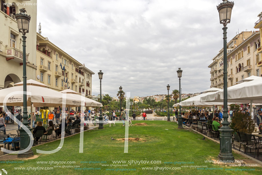 THESSALONIKI, GREECE - SEPTEMBER 30, 2017: People  walking at Aristotelous Square  in the center of city of Thessaloniki, Central Macedonia, Greece