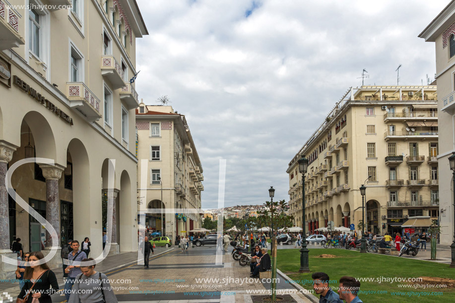 THESSALONIKI, GREECE - SEPTEMBER 30, 2017: People  walking at Aristotelous Square  in the center of city of Thessaloniki, Central Macedonia, Greece