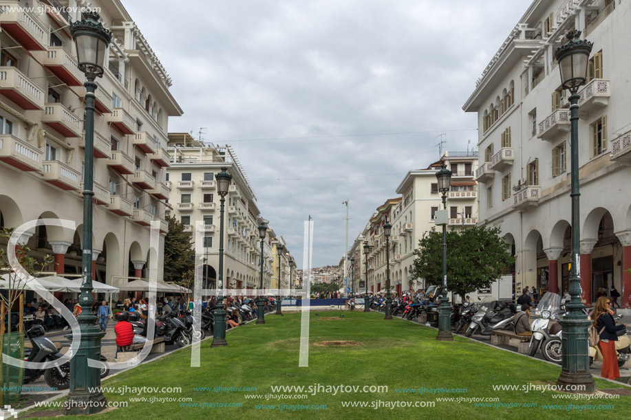THESSALONIKI, GREECE - SEPTEMBER 30, 2017: People  walking at Aristotelous Square  in the center of city of Thessaloniki, Central Macedonia, Greece