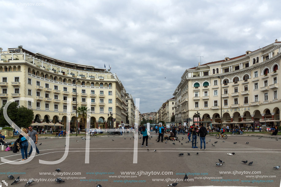 THESSALONIKI, GREECE - SEPTEMBER 30, 2017: People  walking at Aristotelous Square  in the center of city of Thessaloniki, Central Macedonia, Greece