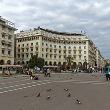 THESSALONIKI, GREECE - SEPTEMBER 30, 2017: People  walking at Aristotelous Square  in the center of city of Thessaloniki, Central Macedonia, Greece