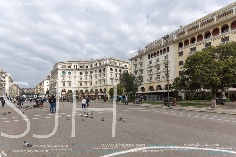 THESSALONIKI, GREECE - SEPTEMBER 30, 2017: People  walking at Aristotelous Square  in the center of city of Thessaloniki, Central Macedonia, Greece
