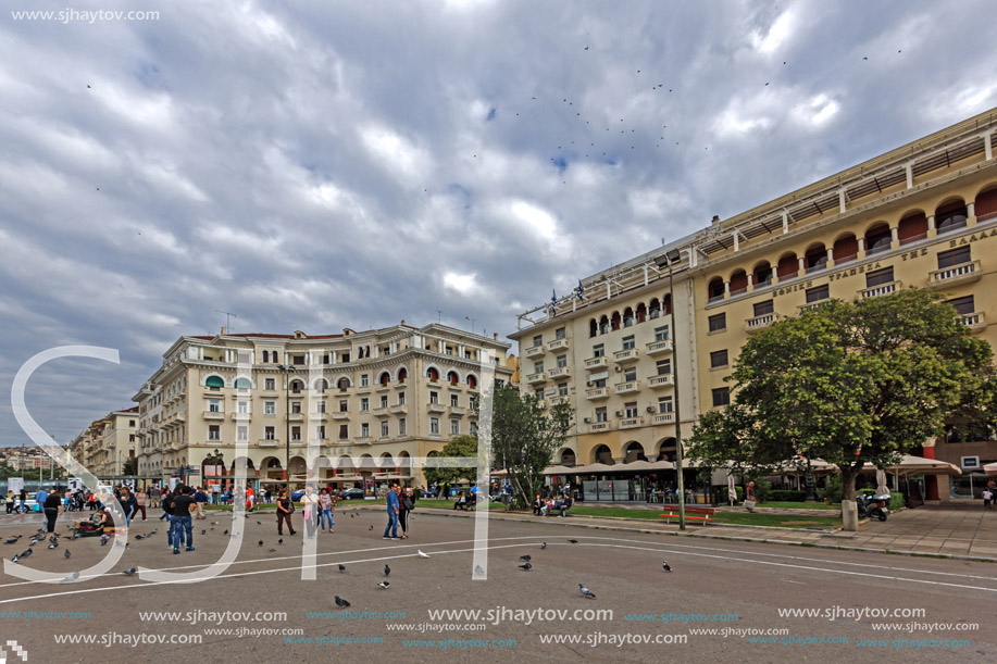 THESSALONIKI, GREECE - SEPTEMBER 30, 2017: People  walking at Aristotelous Square  in the center of city of Thessaloniki, Central Macedonia, Greece