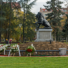 SOFIA, BULGARIA -NOVEMBER 12, 2017: Memorial of First and Sixth Infantry Regiment in park in front of  National Palace of Culture in Sofia, Bulgaria