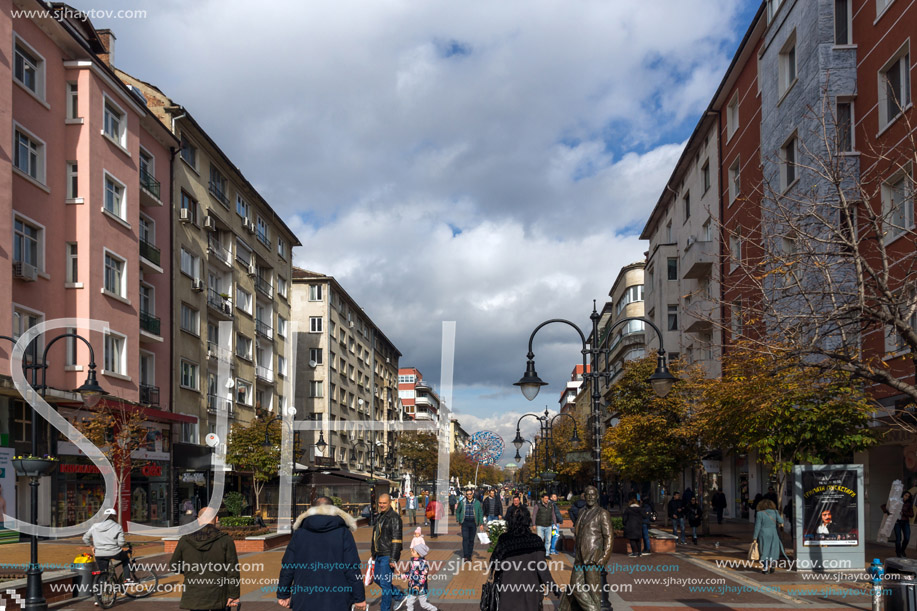 SOFIA, BULGARIA -NOVEMBER 12, 2017: Walking people on Boulevard Vitosha in city of Sofia, Bulgaria